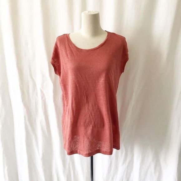 Tahari NWT peach 100% linen button back top Size M - Picture 1 of 9